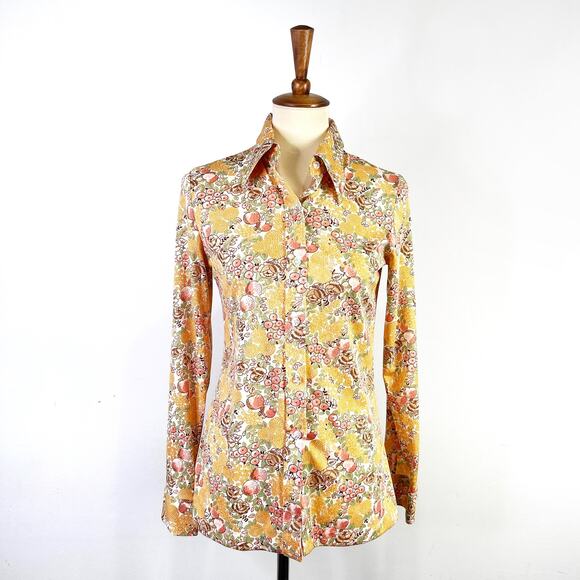 Vintage Ultriana Peach pattern button top 60s 70s pointed collar Size Medium - Picture 1 of 9